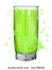 Water splashes in green colors around a opaque glass with juice on white background.