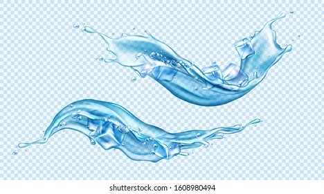 Water splashes with ice cubes set. Dynamic motion of pure liquid with droplets and air bubbles, pure hydration elements for ad isolated on transparent background. Realistic 3d vector illustration