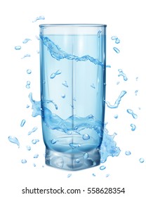 Water splashes in light blue colors around a opaque glass on white background