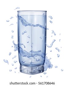 Water splashes in light blue colors around a opaque glass on white background.