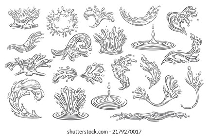 Water splashes line icons set vector illustration. Marine ripples and liquid drip, ocean or sea waves with foam and splatters, spray of fountain with water droplets in wavy outline collection