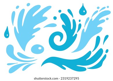 Water splashes line silhouettes set vector illustration. Marine ripples and liquid drip, ocean or sea waves with foam and splatters, spray with water droplets in wavy outline collection.