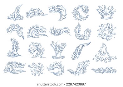 Water splashes linear icons set. Minimalistic aqua elements with liquid drops, sea waves, ocean foam and splatters. Design for advert. Hand drawn illustration collection isolated on white background