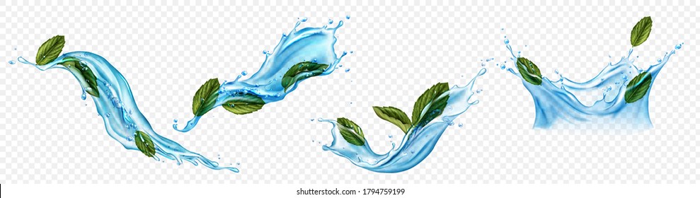 Water Splashes With Menthol Or Mint Leaves. Dynamic Motion Of Pure Liquid With Spearmint And Droplets, Isolated Hydration Elements, Drink Ad Isolated On Transparent Background. Realistic 3d Vector Set