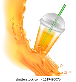 Water splashes in orange colors around a transparent glass with juice.