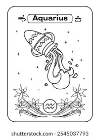 Water splashes out from an old jug. Postcard zodiac sign Aquarius. Black and white line flat vector illustration. Eps10