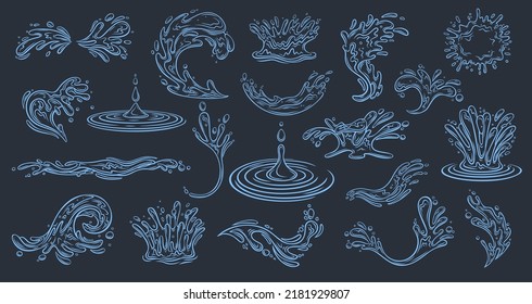 Water splashes outline icons set. Hand drawn spray of fountain with water droplets. Marine ripples and liquid drip, ocean or sea waves with foam and splatters in wavy line collection