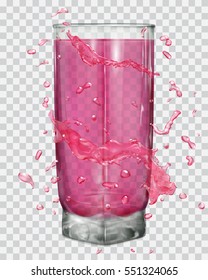 El agua se salpicará de colores rosas alrededor de un vaso transparente con zumo. Transparencia sólo en archivo vectorial