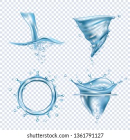 Water splashes. Rain drops liquid fluids object transparent blobs dynamic water whirlpool vector realistic pictures