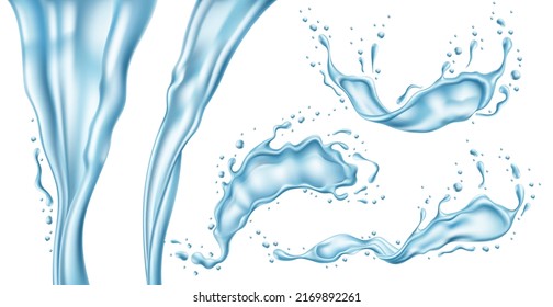 Water splashes. Realistic blue liquid splashes, flying drops and jets, translucent isolated objects, pure and clear aqua, fresh transparent elements, swirl dynamic motion, utter vector set
