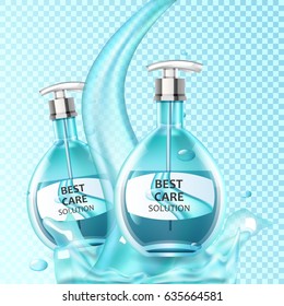 Water splashes and realistic cosmetic bottles/