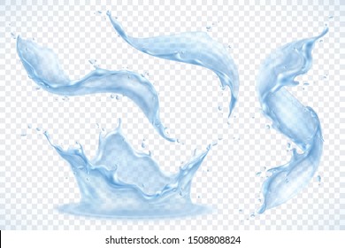 Water splashes realistic set with isolated images of semi translucent flows of pure liquid with drops vector illustration