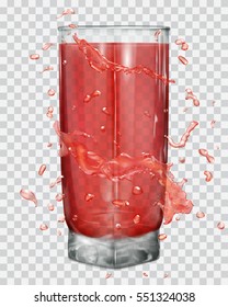 Water splashes in red colors around a transparent glass with juice. Transparency only in vector file