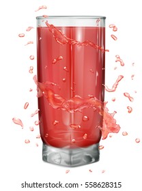 Water splashes in red colors around a opaque glass with juice on white background