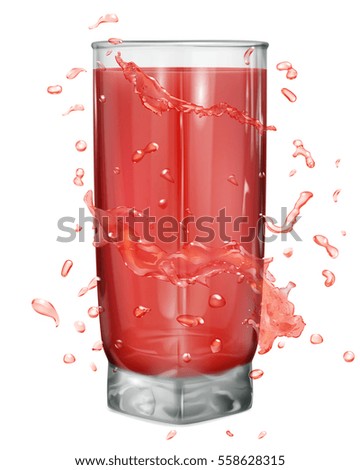 Water splashes in red colors around a opaque glass with juice on white background