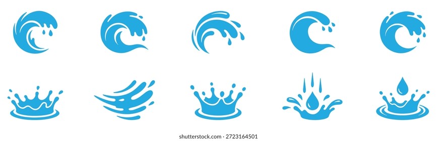 Conjunto de salpicaduras de agua. Elemento de diseño de agua, caída de gotitas siluetas. Ilustración vectorial.