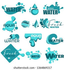 Water splashes and text samples logos and emblems set vector isolated drops of different shape colored liquids with info logotypes organic ingredients and minerals creative fonts in flat style.
