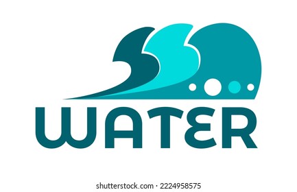 Water splashes and text samples logos and emblems set vector isolated drops of different shape colored liquids with info logotypes organic ingredients and minerals creative fonts in flat style.