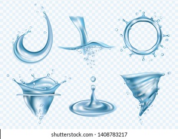 Wasser spritzt. Waschen Flüssigkeit Oberfläche Flüssigkeit Wetter Regen fällt Whirlpool Vektorgrafik realistische Bilder Vorlage. Illustration von Whirlpool und Splash, feuchter fließender Wirbelsturm