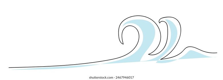 Water splashes wave twirl isolated surge sparks breaker. Single continuous line drawing surf ocean waves isolated on white background, also logo idea.  One line draw graphic design vector illustration