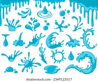 salpicaduras de agua, olas, gotas puestas en dibujos animados de estilo plano. Plantas oceánicas o marinas y rociadores de agua, gotitas caídas, mancha de pintura azul.