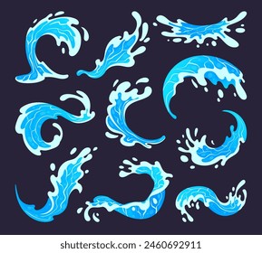 Water splashing. Clean water splash, transparent blue aqua splashes, water flows and waves flat vector illustration set. Liquid water splash collection