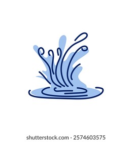 Water splashing in flat design. Blue motion liquid with waves and drops. Vector illustration isolated.