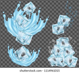 Water splashing and ice cube icon set. Falling into water and underwater ice cubes. Vector realistic illustration isolated on transparent background.