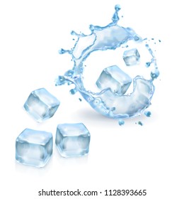 Water splashing and ice cube with transparency, 3d vector set on white background.