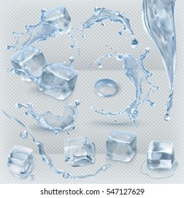 Water splashing and ice cube with transparency, 3d vector set