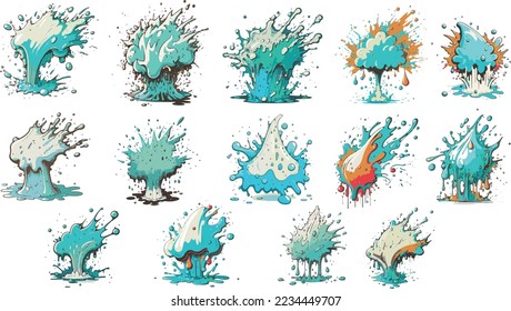 Water splashm Wave, Drop in Cartoon Icon Set of Vector