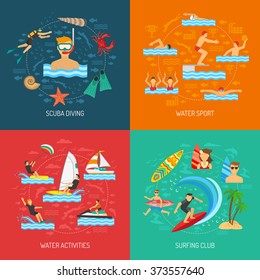 Water sport 2x2 flat design concept with people physical activity in scuba diving surfing and water games vector illustration  