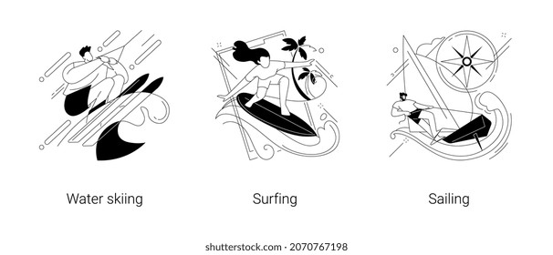 Juego de ilustraciones vectoriales abstractas de deportes acuáticos. Esquí acuático, surf y vela, estilo de vida activo, aventura de verano, ola oceánica, deporte extremo, traje de baño, metáfora abstracta de club náutico.