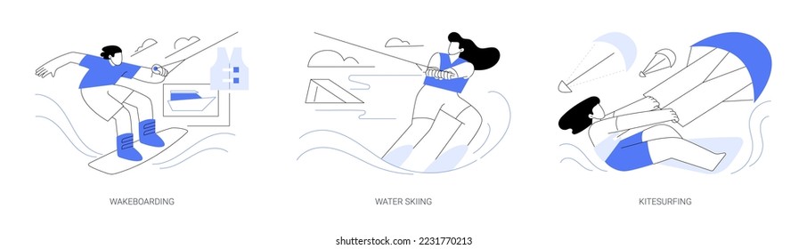 Water sport abstract concept vector illustration set. Wakeboarding, water skiing and kitesurfing, active lifestyle, ski jump, summer adventure, extreme sport, boat cable, parachute abstract metaphor.