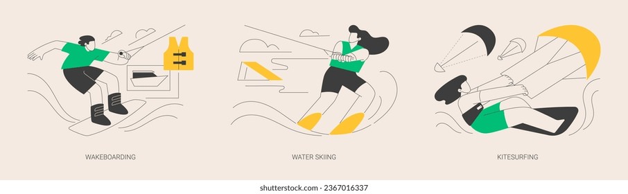 Juego de ilustraciones vectoriales abstractas de deportes acuáticos. Wakeboarding, esquí acuático y kitesurf, estilo de vida activo, salto de esquí, aventura de verano, deporte extremo, cable de barco, metáfora abstracta paracaídas.