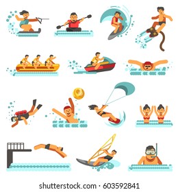 Water sport activities vector flat icons. Set of wave kite surfing or flyboard windsurfing, scuba diving or snorkeling, polo or synchronized swimming, canoeing or team rowing and water-skis