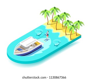 Water sport activity isometric composition with young athletic on vacation riding water ski in tropical sea vector illustration 