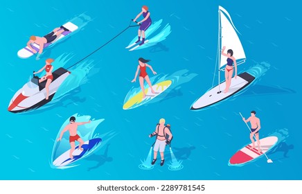 La actividad deportiva en el mar abierto en diseño isométrico. Los jóvenes deportistas podrán practicar windsurf, esquí acuático y moto acuática a bordo de una tabla de surf. Colección de deportistas creativos. 3.ª ilustración vectorial