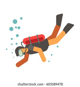 Water sport activity vector flat icon. Man or woman scuba diving with oxygen balloon, snorkeling mask and flippers