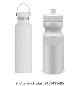 Water sport bottle with cap. Drink flask design for branding and promotion. Thermo tin can mockup template. Reusable bicycle bottle realistic illustration. Fitness and travel product