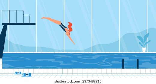 Composición deportiva de agua con vista interior de piscina con nadador femenino saltando de la torre en ilustración de vector de agua