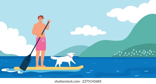 Composición deportiva de agua con colinas verdes del paisaje de la bahía al aire libre y tabla de sopa de remo de hombre con ilustración de vector de perro