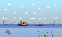 Water Sport Concept. Horizontal Vector Banner. Flat Cartoon Illustration. Water Ski, Kayaking, Wind Surfing, Diving,