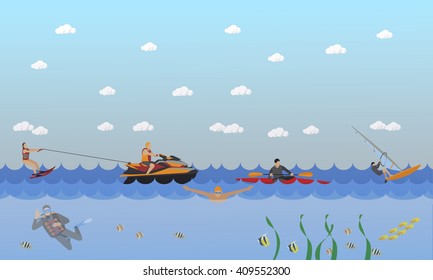 Water sport concept. Horizontal vector banner. Flat cartoon illustration. Water ski, kayaking, wind surfing, diving,