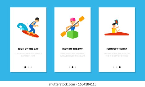 Water sport flat icon set. Surfing, kayaking, canoe isolated sign pack. Extreme activity, vacation, seaside, river concept. Vector illustration symbol elements for web design