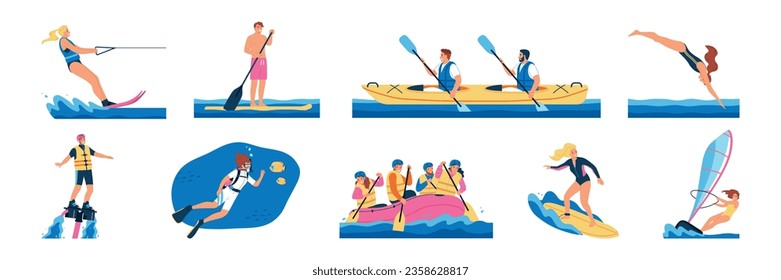 Water sport flat set with happy people swimming kayaking skiing scuba diving paddle boarding isolated vector illustration