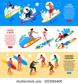 Water sport horizontal banners with catch waves and surfing  lessons isometric compositions vector illustration 