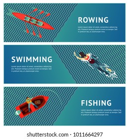 Water sport. Horizontal banners set. People recreation on a river. Flat style illustration.