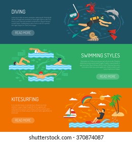 Water sport horizontal banners set of diving swimming styles and kite surfing compositions vector illustration 