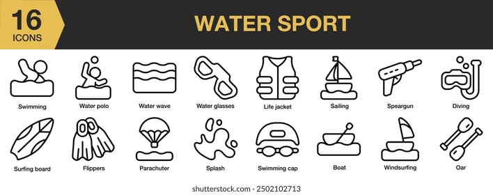 Conjunto de iconos de deporte acuático. Incluye barco, buceo, remo, chapoteo, tabla de surf y más. Colección de Vector de iconos de contorno.